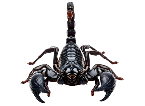 Detailed close up of a black scorpion with red accents isolated on transparent background