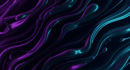 Dynamic abstract background featuring smooth, glossy liquid or plastic surfaces flowing in wavy lines, illuminated by contrasting neon purple and cyan light, suggesting dark technology or energy