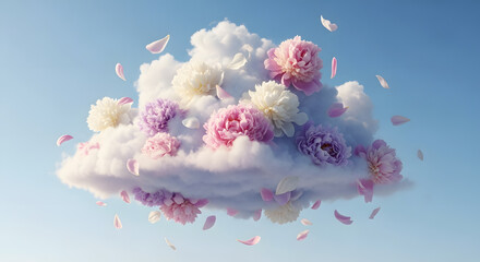 Surreal and beautiful image of a soft white cumulus cloud floating in a blue sky, adorned with pastel pink, purple, and white peony flowers and falling petals, symbolizing fantasy and love