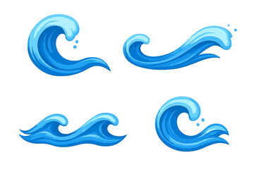 Stylized blue ocean waves with foam and splashes isolated on white background