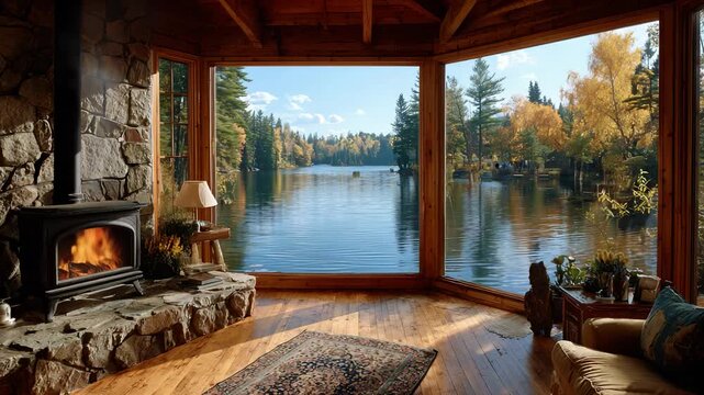 Warm cozy wooden cabin with stone fireplace and large panoramic window overlooking calm autumn forest lake