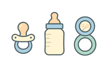 Cute set of infant essentials with a pacifier, baby bottle, and round toy