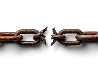 Obraz premium Close-Up of a Heavy Metal Chain Snapped at the Center Symbolizing Strength Failure and Freedom on a Clean White Background