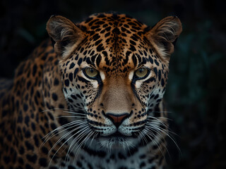Obraz premium Intense Dramatic Portrait of a Leopard with Piercing Eyes and Detailed Fur Pattern Emerging from Dark Low-Key Lighting