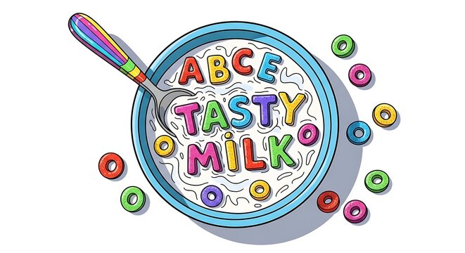 Vivid Cartoon Illustration Showcasing a Bowl of Breakfast Cereal and Milk Featuring Large Colorful Floating Alphabet Letters Spelling Out Tasty Milk and ABC E Plus a Rainbow Striped Spoon an - Powered by Adobe