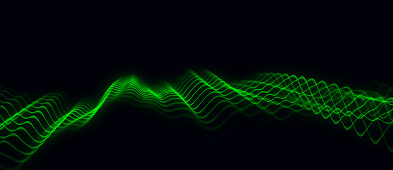 Abstract futuristic wave with moving dots. Flow of colored particles and lines. Cyber technology illustration. Big data visualization. 3d rendering