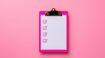 Daily office cleaning routine, A pink clipboard with a checklist of five items on a matching pink background, symbolizing organization and task management.
