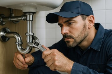 The Plumber's Precision: A skilled plumber expertly uses a wrench, meticulously repairing pipes under a sink, showcasing dedication in solving home issues.