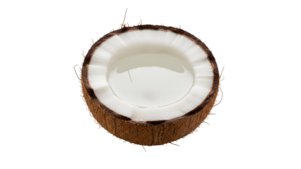 Isolated Half Coconut Fruit on Transparent Background with White Filling and Brown Fibrous Shell Detail