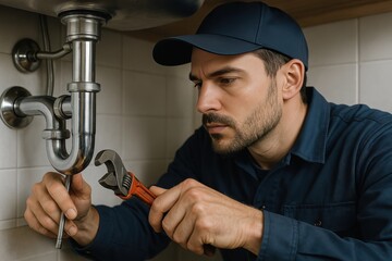 Plumber at Work: A skilled plumber focuses intently on repairing a kitchen sink, embodying expertise and reliability in his craft.