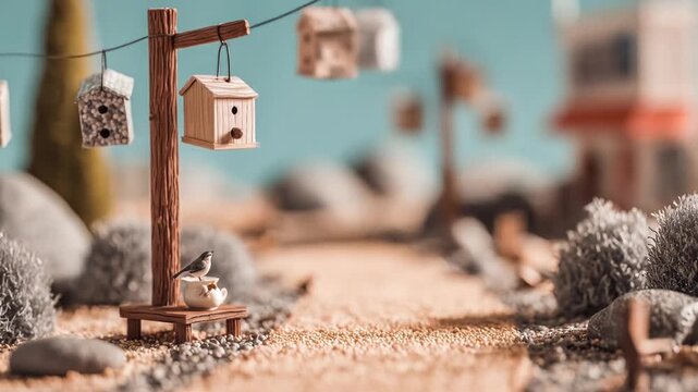 Miniature world scene with tiny bird, birdhouses, wooden structures, and a blurred background