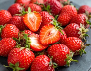Close Up of Fresh Ripe Red Strawberries on Dark Slate Platter with Halved Berry