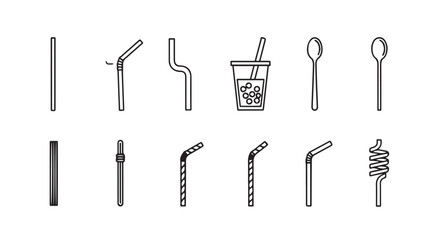 Collection of various drinking straws and spoons in a simple silhouette style
