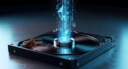 A hard drive with blue digital data streams and geometric shapes emerging from its center.