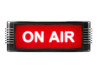 Red on air sign illuminated and isolated on transparent background