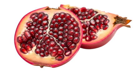 Halved Pomegranate Fruit Showing Red Seeds Isolated on Transparent Background