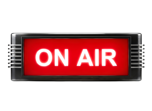 Red on air sign illuminated and isolated on transparent background