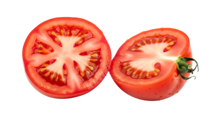 Sliced Red Tomato Halves Displaying Seeds and Internal Texture on Transparent Background Isolated for Culinary or Nutritional Themes