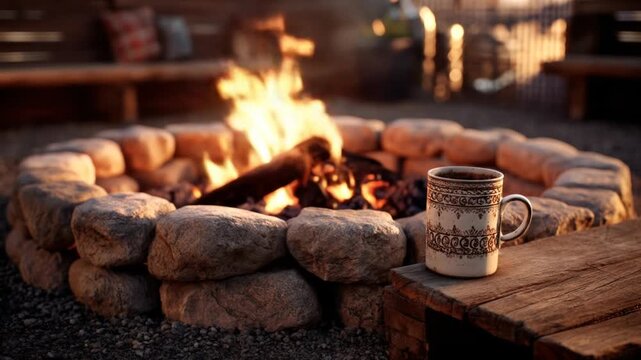 A cozy campfire with a coffee mug, rocks, and wooden bench in the evening glow