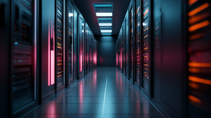 Fototapeta premium A long hallway filled with server racks illuminated with neon lighting