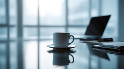 A moment of tranquility, coffee on a glass desk with soft laptop background