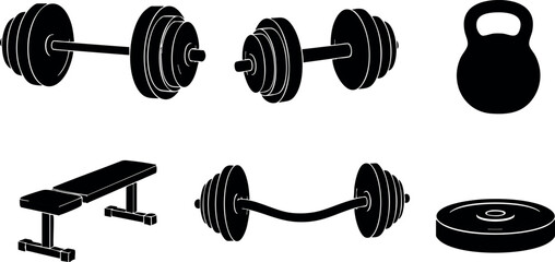 Fitness equipment vector set with dumbbells kettlebell bench and weight plate for gym workout training