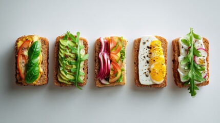 Artisan toasts with colorful vegetable toppings and fresh herbs arrangement