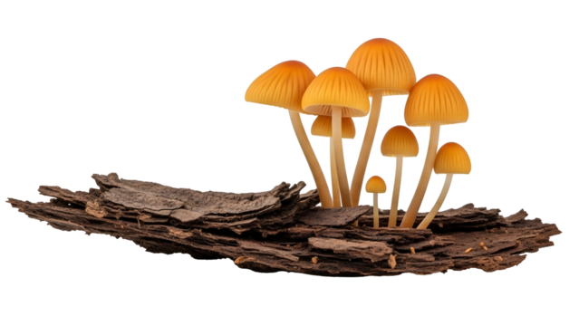 Cluster of Small Orange Mushrooms Growing on a Piece of Bark Isolated on Transparent Background