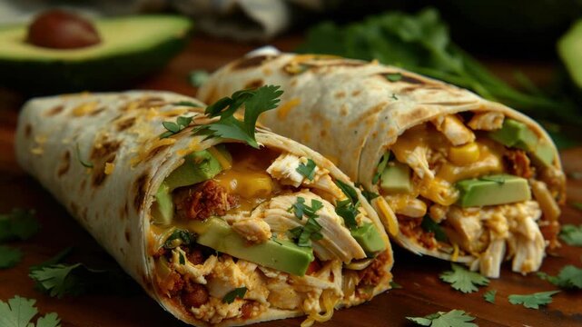 Two burritos with chicken and avocado on top. One is open. The other is closed