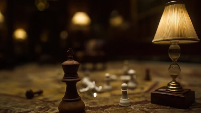 A dimly lit scene featuring a chess game in progress with a table lamp and a blurred background