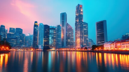 Fototapeta premium Daily office cleaning routine, A vibrant city skyline at dusk with illuminated skyscrapers reflecting on a river, showcasing modern architecture and urban lights.