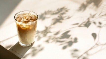Refreshing iced coffee drink illuminated by sunlight and shadow patterns