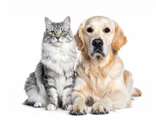 Close Up of Golden Retriever Dog and Gray Cat in a Studio with White Background High Key Lighting Style Charming Adorable Pets Animal Companions
