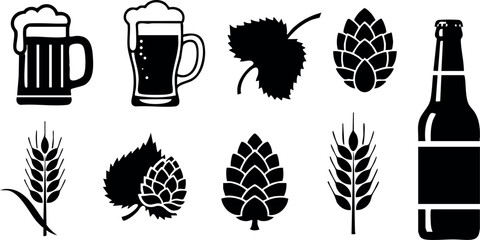 Beer icons set including mugs, bottle, hops, and wheat silhouettes in vector design for brewing and beverage themes
