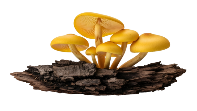Vibrant Yellow Mushrooms Growing on Textured Log with Dark Background in Studio Light