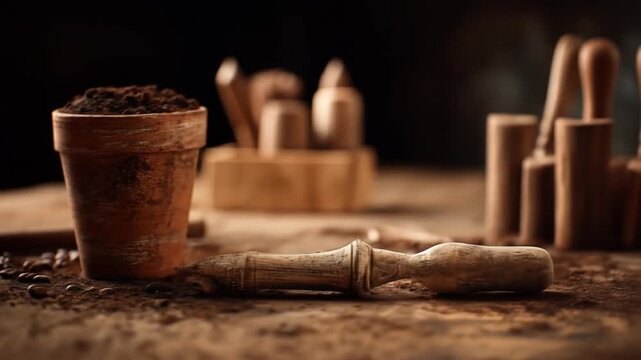 A terracotta pot with soil sits on a wooden surface, with a wooden tool and other objects blurred in the background