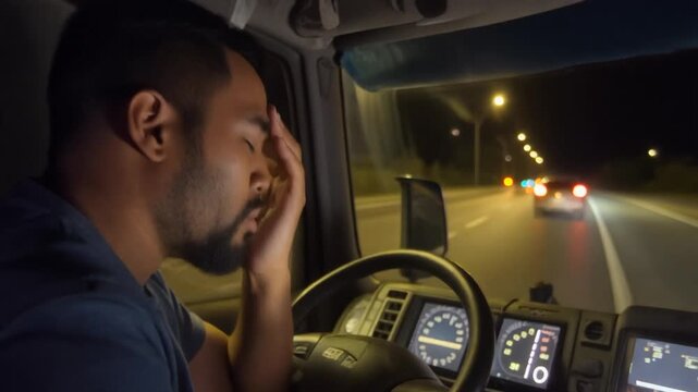 Tired Male Truck Driver Falling Asleep at the Wheel While Driving at Night on a Highway