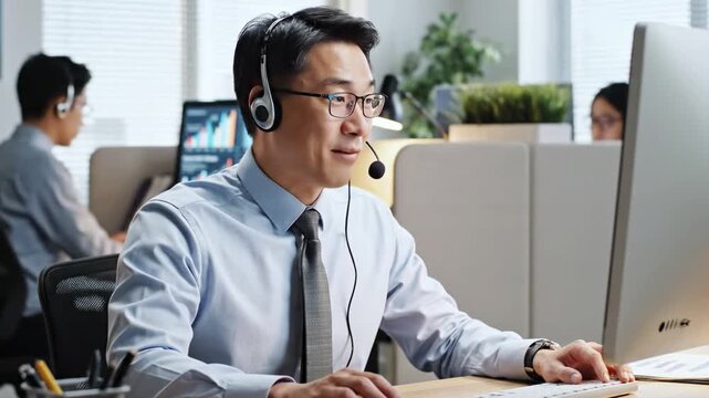 Man with headset typing on computer in busy office