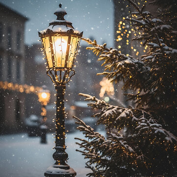 Illuminated ornate lamppost covered in snow and lights stands next to a snow-covered pine tree during a winter snowfall in a European town.