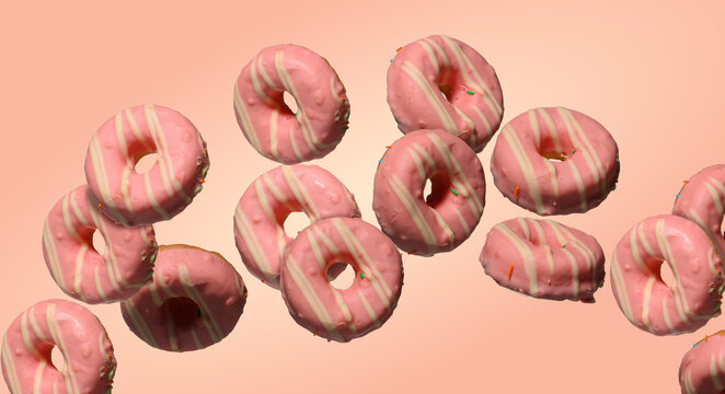 Donuts floating in the air and falling in a chaotic order, covered with pink icing with white stripes. Pink background - Powered by Adobe