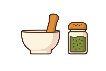 Mortar and Pestle Grinding Tool Next to a Glass Shaker Bottle with Dried Green Herbs