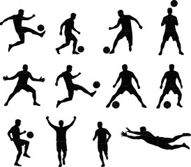 Black Silhouette of 12 Dynamic Football Styles – High Detail Sports Action on White Background