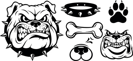 Bulldog face with spiked collar bone paw print and nose black and white vector set for design