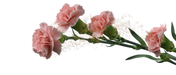 Falling pink carnation flower and gold glitter isolated on white frame, flower, floral, flower, pink, leaf, rose