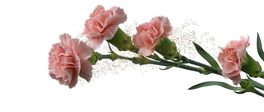 Falling pink carnation flower and gold glitter isolated on white frame, flower, floral, flower, pink, leaf, rose