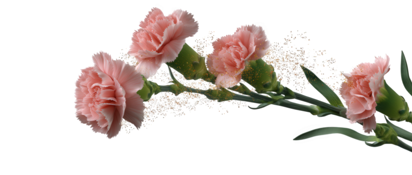 Falling pink carnation flower and gold glitter isolated on white frame, flower, floral, flower, pink, leaf, rose