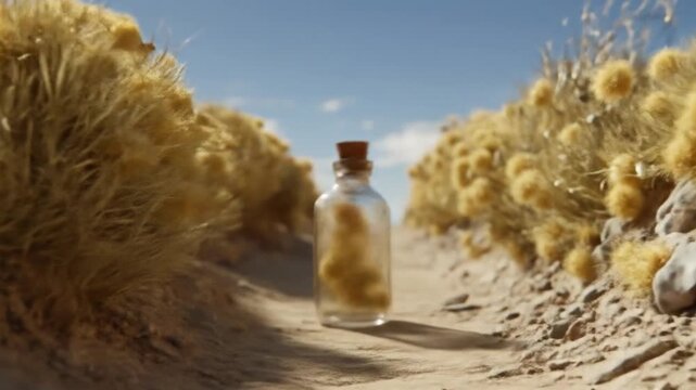 A clear glass bottle with a cork stopper sits on a path with desert foliage in the distance