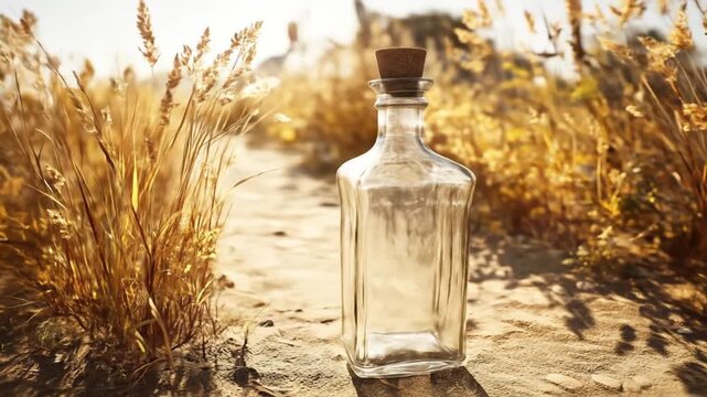 A glass flask with a cork stopper stands on a dirt path, surrounded by tall golden grass