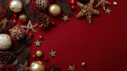 Christmas holiday scene featuring red and gold decorations, perfect for Christmas cards, New Year's Eve parties, and festive celebrations.