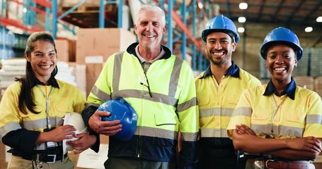 Logistics, face and people in warehouse with confidence, smile and trust for export distribution. Inventory management, portrait and group in factory for quality control, shipping and bokeh or pride